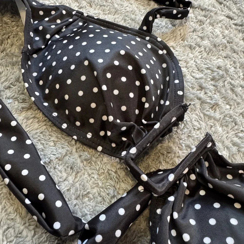 Boutique Polka Dot Bikini Set Medium Black White High Cut Underwire